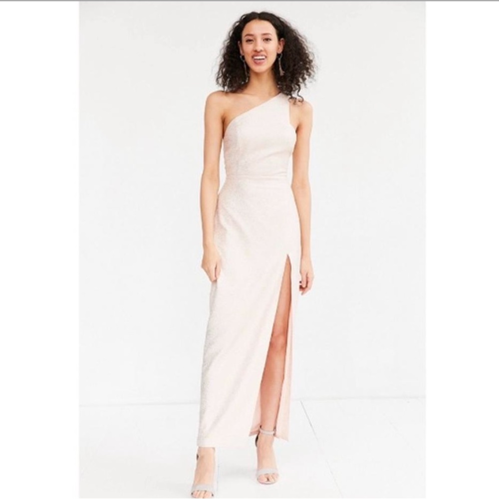 silence + noise single shoulder pale silver gold/pink/cream dress